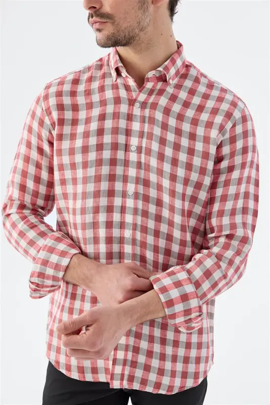 Red Comfort Fit Checked 100% Linen Shirt - 3