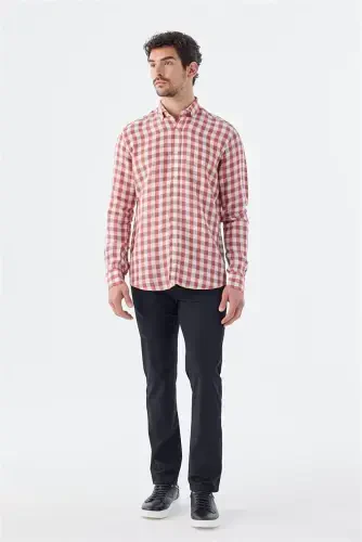 Red Comfort Fit Checked 100% Linen Shirt - Modazone (1)