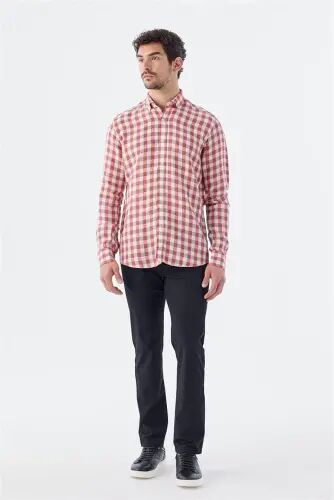 Red Comfort Fit Checked 100% Linen Shirt - JAKAMEN (1)