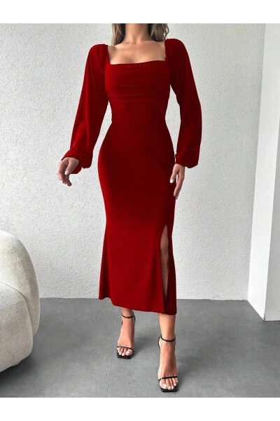 Red Corset Detail Slit Gown - 5