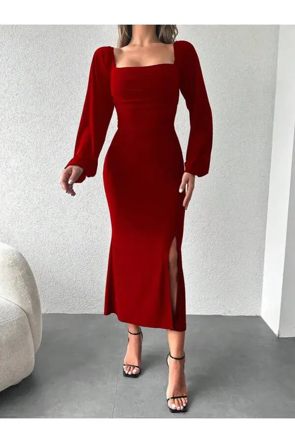 Red Corset Detail Slit Gown - 5