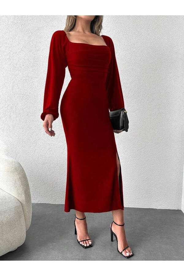 Red Corset Detail Slit Gown - 2