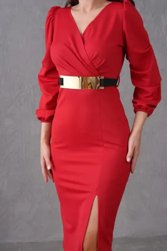 Red Crepe Fabric Crossover Neck Slit Detailed Belted Midi Dress 074-Red 77106 - 2
