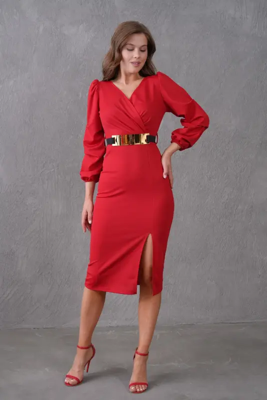 Red Crepe Fabric Crossover Neck Slit Detailed Belted Midi Dress 074-Red 77106 - 3