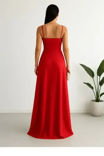 Red Crepe Fabric Slit Detailed Evening Dress-Red - LACASE (1)