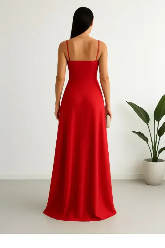 Red Crepe Fabric Slit Detailed Evening Dress-Red - 2