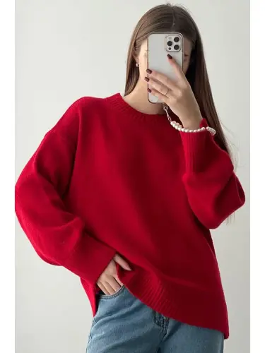 Red Crew Neck Oversize Knit Sweater Mg1972-Red 