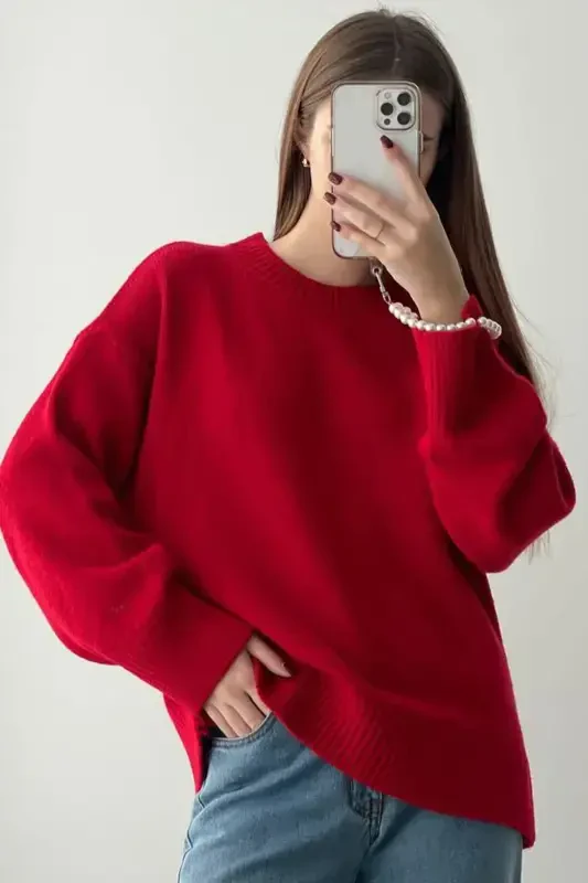 Red Crew Neck Oversize Knitwear Sweater MG1972-Red - MADMEXT