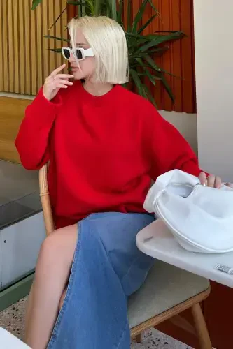 Red Crew Neck Oversize Knitwear Sweater MG1972-Red - 3