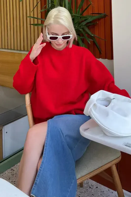 Red Crew Neck Oversize Knitwear Sweater MG1972-Red - 4