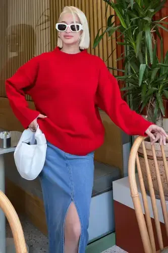 Red Crew Neck Oversize Knitwear Sweater MG1972-Red - 6