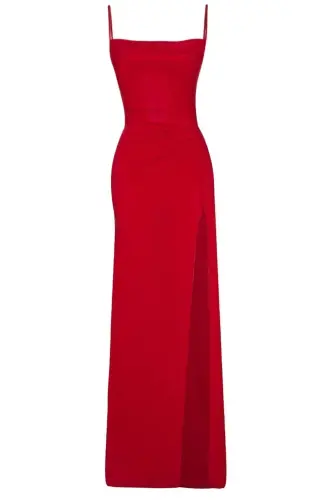 Red Deep Slit Draped Long Evening Dress-Red - 1