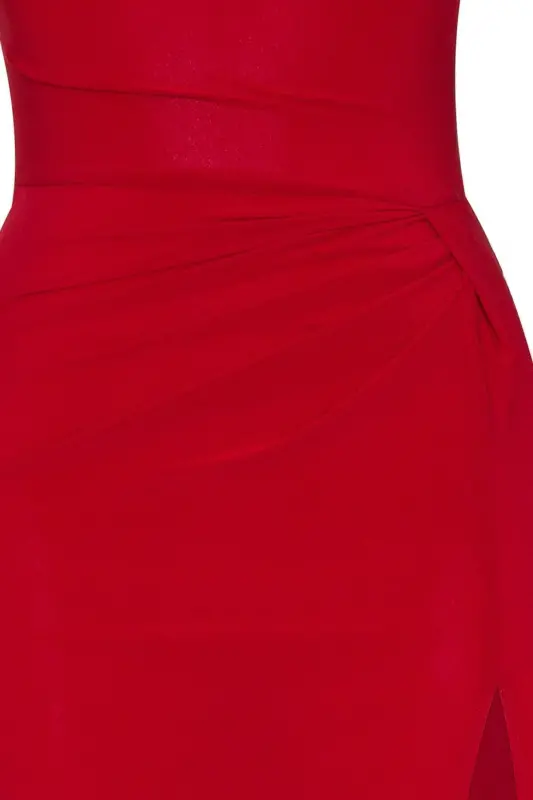 Red Deep Slit Draped Long Evening Dress-Red - 2