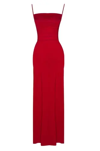 Red Deep Slit Draped Long Evening Dress-Red - 3