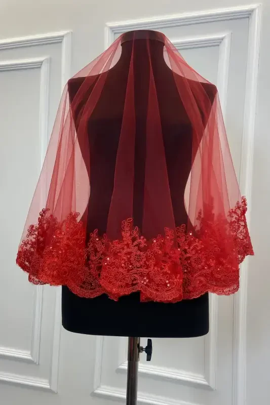 Red Delicate Pattern Sparkling Guipure Bridal Veil Set-Red - 1
