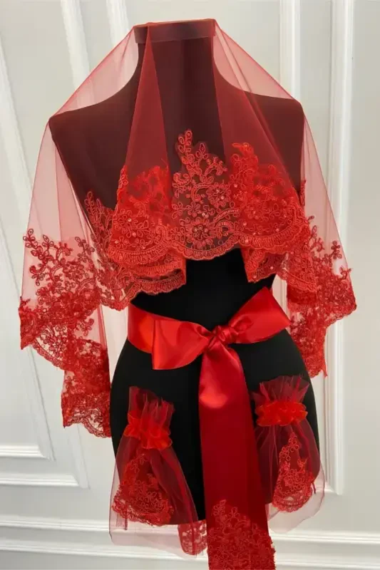 Red Delicate Pattern Sparkling Guipure Bridal Veil Set-Red - 2