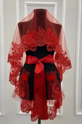 Red Delicate Pattern Sparkling Guipure Bridal Veil Set-Red - 3