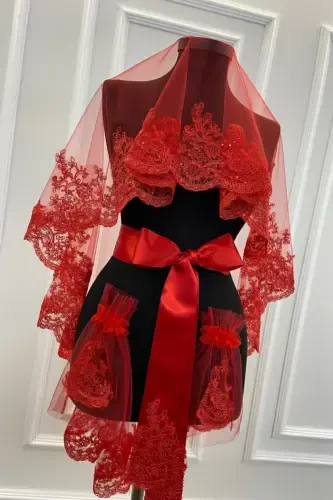 Red Delicate Pattern Sparkling Guipure Bridal Veil Set-Red - 4