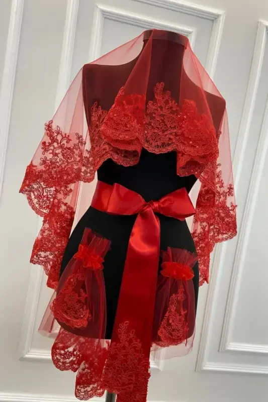 Red Delicate Pattern Sparkling Guipure Bridal Veil Set-Red - 4
