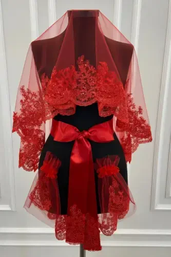 Red Delicate Pattern Sparkling Guipure Bridal Veil Set-Red - 5