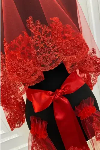 Red Delicate Pattern Sparkling Guipure Bridal Veil Set-Red - 6