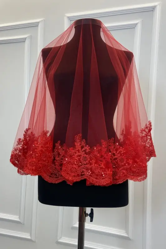 Red Delicate Pattern Sparkling Guipure Bridal Veil Set-Red - ZEYMERADE