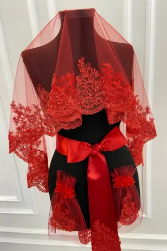Red Delicate Pattern Sparkling Guipure Bridal Veil Set-Red - ZEYMERADE (1)