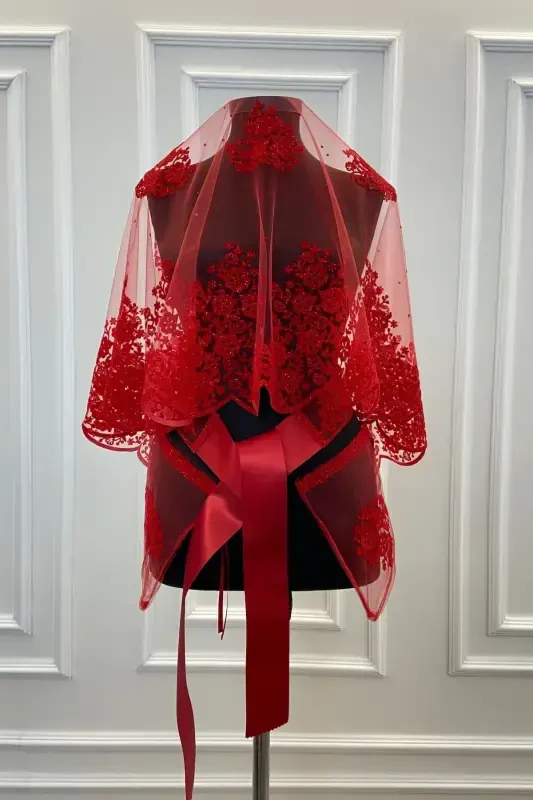 Red Double Patterned Flock Print Glitter Bridal Veil Sash Glove Set-Red - ZEYMERADE