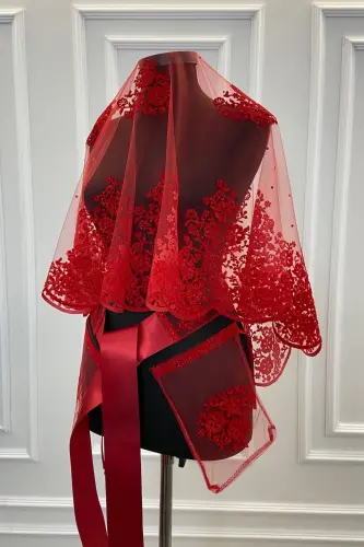 Red Double Patterned Flock Print Glitter Bridal Veil Sash Glove Set-Red - 2