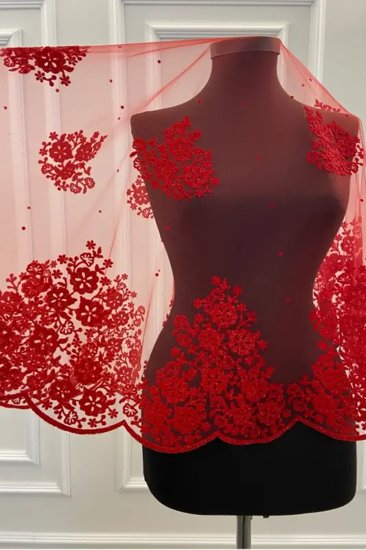 Red Double Patterned Flock Print Glitter Bridal Veil Sash Glove Set-Red - 3