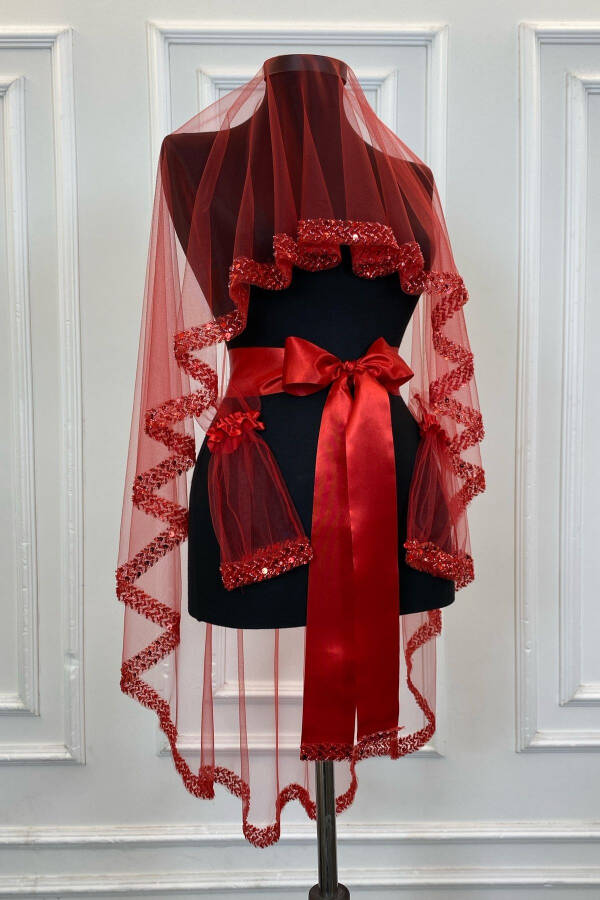 Red Elegant Bridal Veil Set, Water Stone Henna Veil Set 6 Pieces - 58