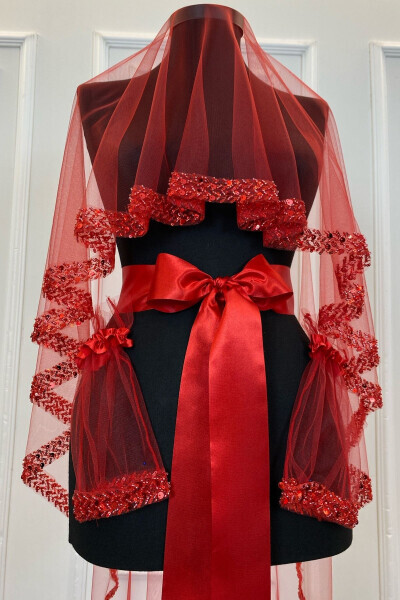 Red Elegant Bridal Veil Set, Water Stone Henna Veil Set 6 Pieces - 51