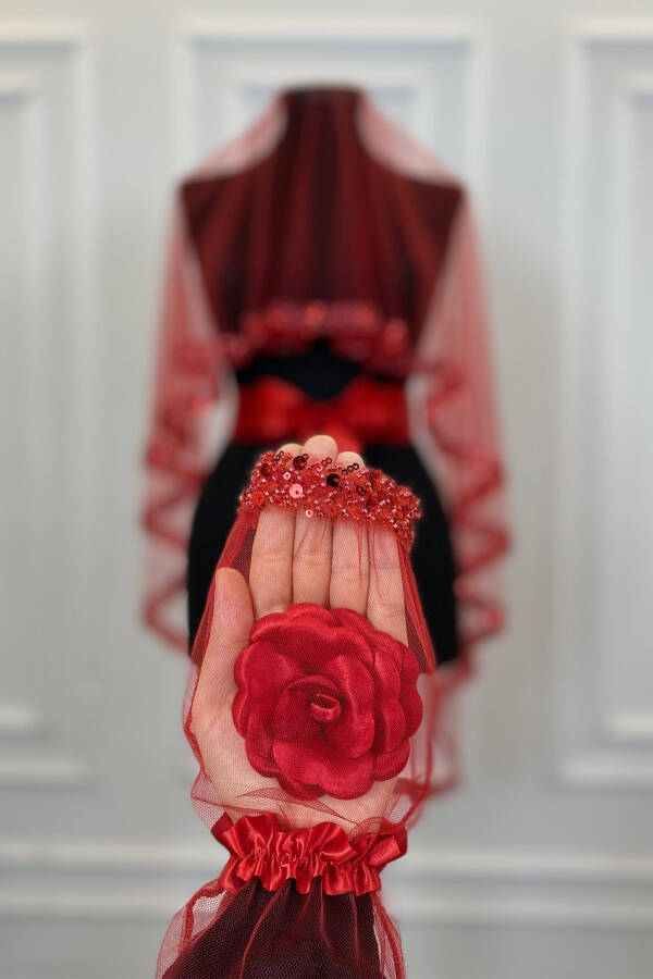 Red Elegant Bridal Veil Set, Water Stone Henna Veil Set 6 Pieces - 47