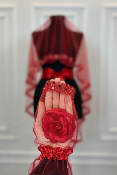 Red Elegant Bridal Veil Set, Water Stone Henna Veil Set 6 Pieces - 39