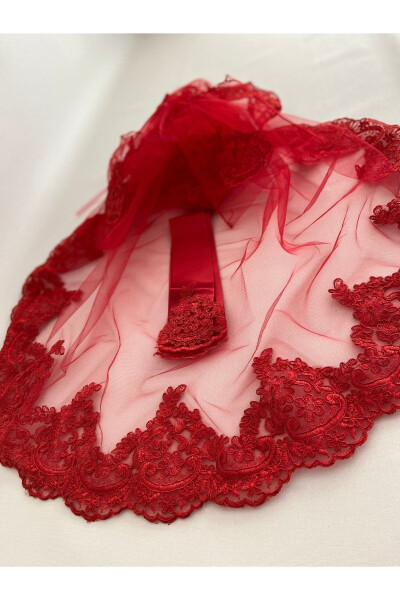 Red Elegant Lace Bridal Veil Belt Gloves Complete Set Henna Night Wedding - ZEYMERADE