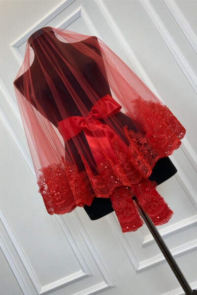 Red Elegant Pattern Sparkling Lace Bridal Veil Set - 1