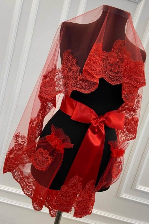 Red Elegant Pattern Sparkling Lace Bridal Veil Set - 3