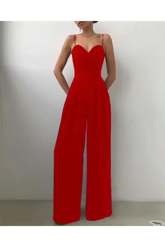 Red Flexible Crepe Fabric Strappy Crossover Neck Long Evening Jumpsuit 582101 697-RED - 1