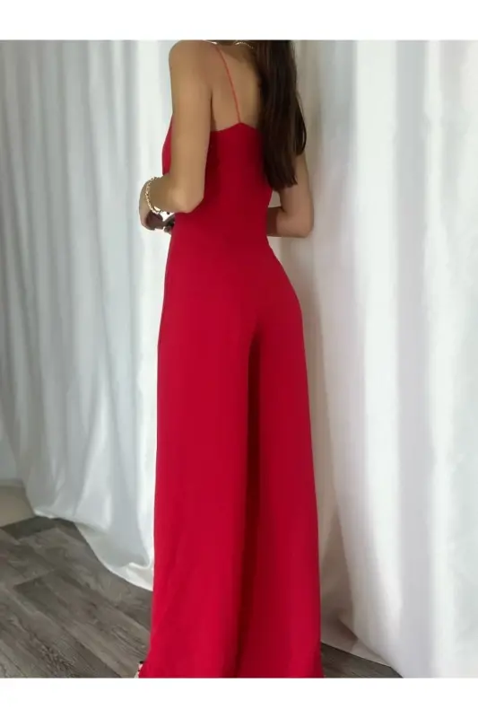 Red Flexible Crepe Fabric Strappy Crossover Neck Long Evening Jumpsuit 582101 697-WINE - 6