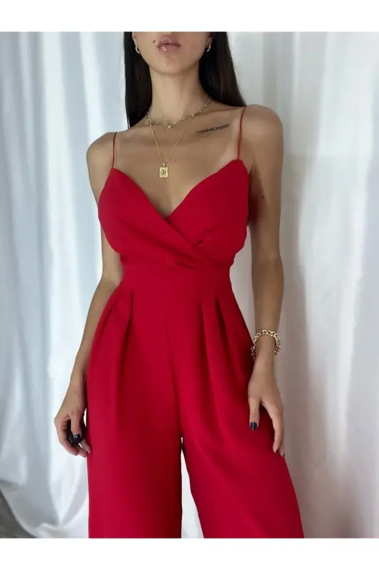 Red Flexible Crepe Fabric Strappy Crossover Neck Long Evening Jumpsuit 582101 697-WINE - 4