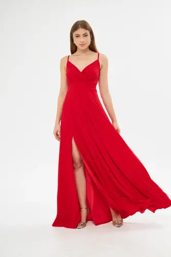 Red Flexible Fabric Spaghetti Strap Slit Detailed Long Evening & Graduation Dress 582189 698-RED 