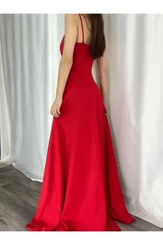 Red Flexible Fabric Spaghetti Strap Slit Detailed Long Evening & Graduation Dress 582189 698-RED - 3