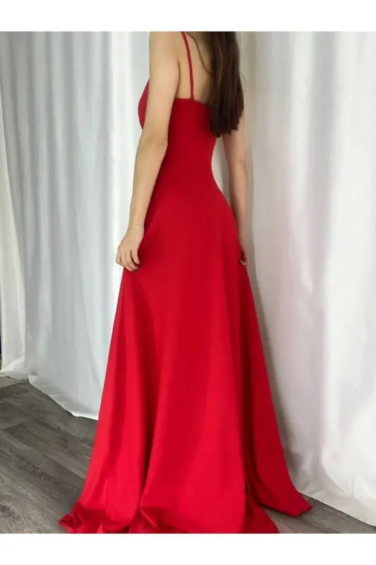 Red Flexible Fabric Spaghetti Strap Slit Detailed Long Evening & Graduation Dress 582189 698-RED - 3
