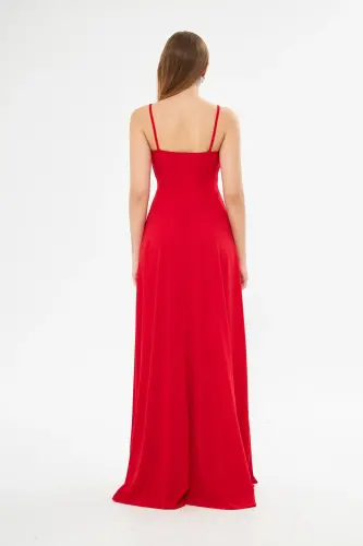 Red Flexible Fabric Spaghetti Strap Slit Detailed Long Evening & Graduation Dress 582189 698-RED - 8