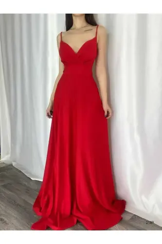 Red Flexible Fabric Spaghetti Strap Slit Detailed Long Evening & Graduation Dress 582189 698-RED - SECRET PASSION LINGERIE (1)