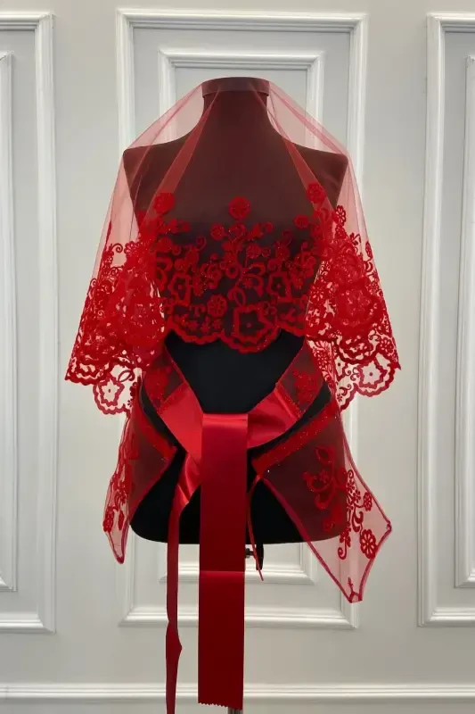 Red Flower Pattern Flock Print Glitter Bridal Veil Sash Glove Set-FLOKÇİÇEKKIRMIZI - ZEYMERADE