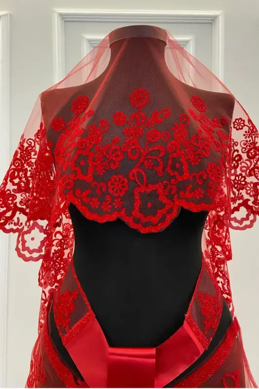 Red Flower Pattern Flock Print Glitter Bridal Veil Sash Glove Set-FLOKÇİÇEKKIRMIZI - 2