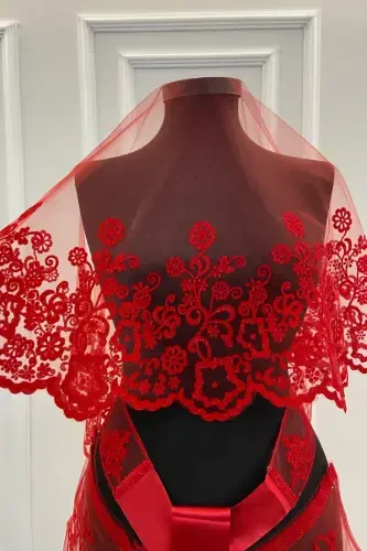 Red Flower Pattern Flock Print Glitter Bridal Veil Sash Glove Set-FLOKÇİÇEKKIRMIZI - 3