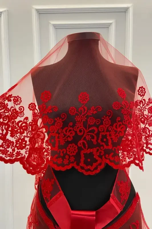 Red Flower Pattern Flock Print Glitter Bridal Veil Sash Glove Set-FLOKÇİÇEKKIRMIZI - 3