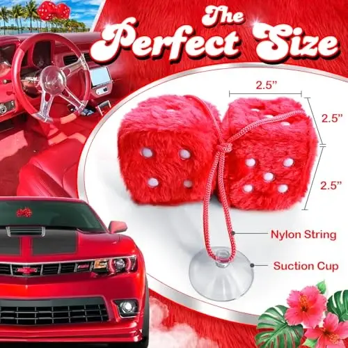 Red Fuzzy Dice for Car - Rear View Mirror Plush Cute Car Accessories for Interior - Auto Rear View Hanging Ornament Decorations - Cool Classic Retro 1970s Aesthetic Automotive Decor - Red and White - 3